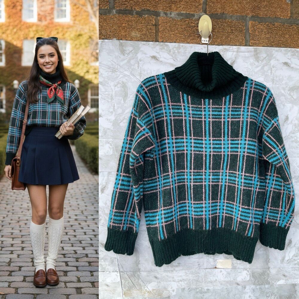 B.yu Italy Alpaca Blend Plaid Turtleneck – Dark Academia Forest Green Sweater